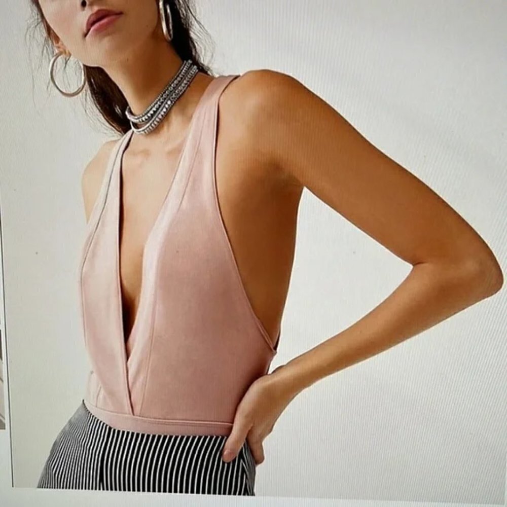 Super Plunge Blush Faux Suede Bodysuit by Urban Outfitters